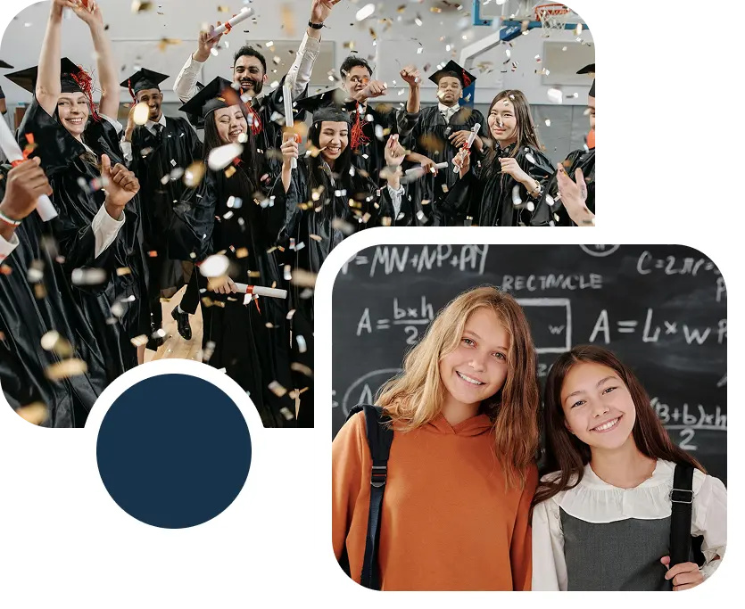 Students celebrating graduation and smiling in a classroom